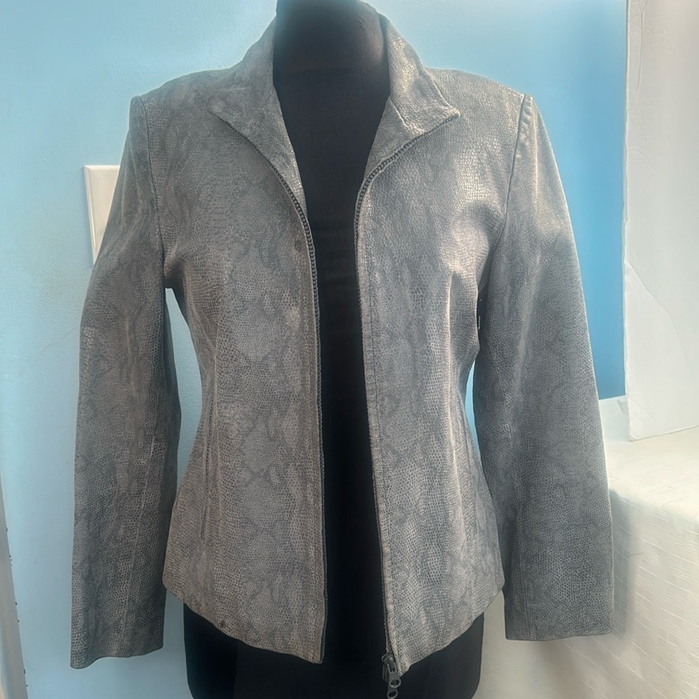 Brandon Thomas Python print Gray leather jacket